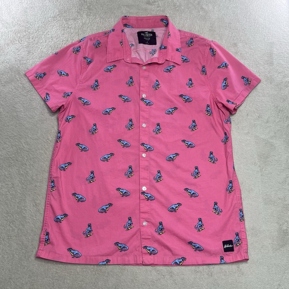 Hollister Pink Dinosaur Surfing T-Rex Epic Flex Short Sleeve Button Down Shirt L
